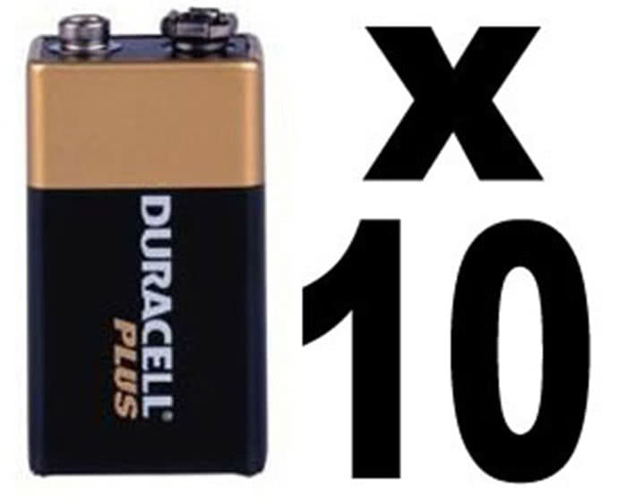 Duracell Plus 9-volt 9V battery pack of 10 often used in smoke alarms
