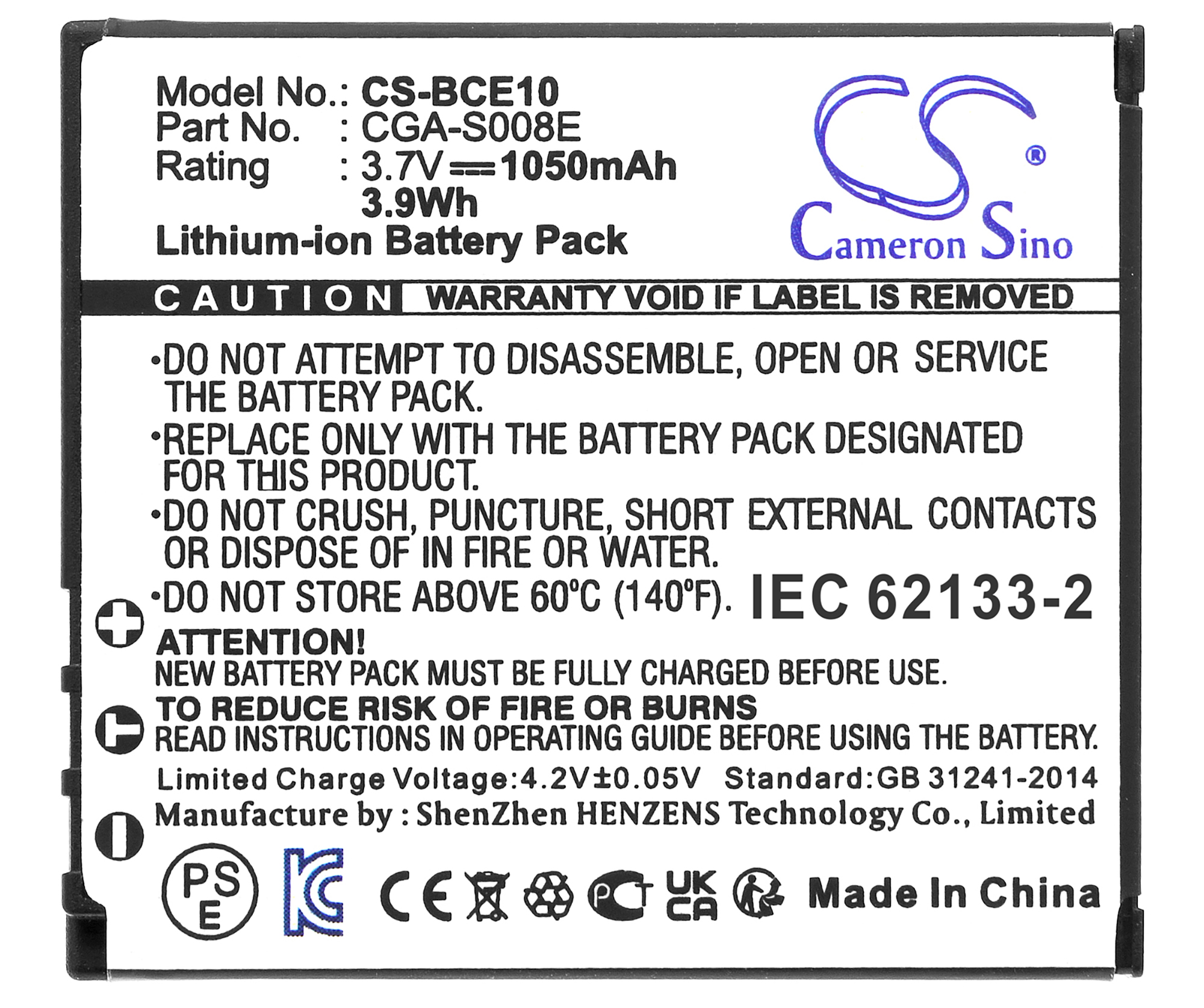 Panasonic battery DMW-BCE10 CGA S008 S008E VW-VBJ10 S008A/1B